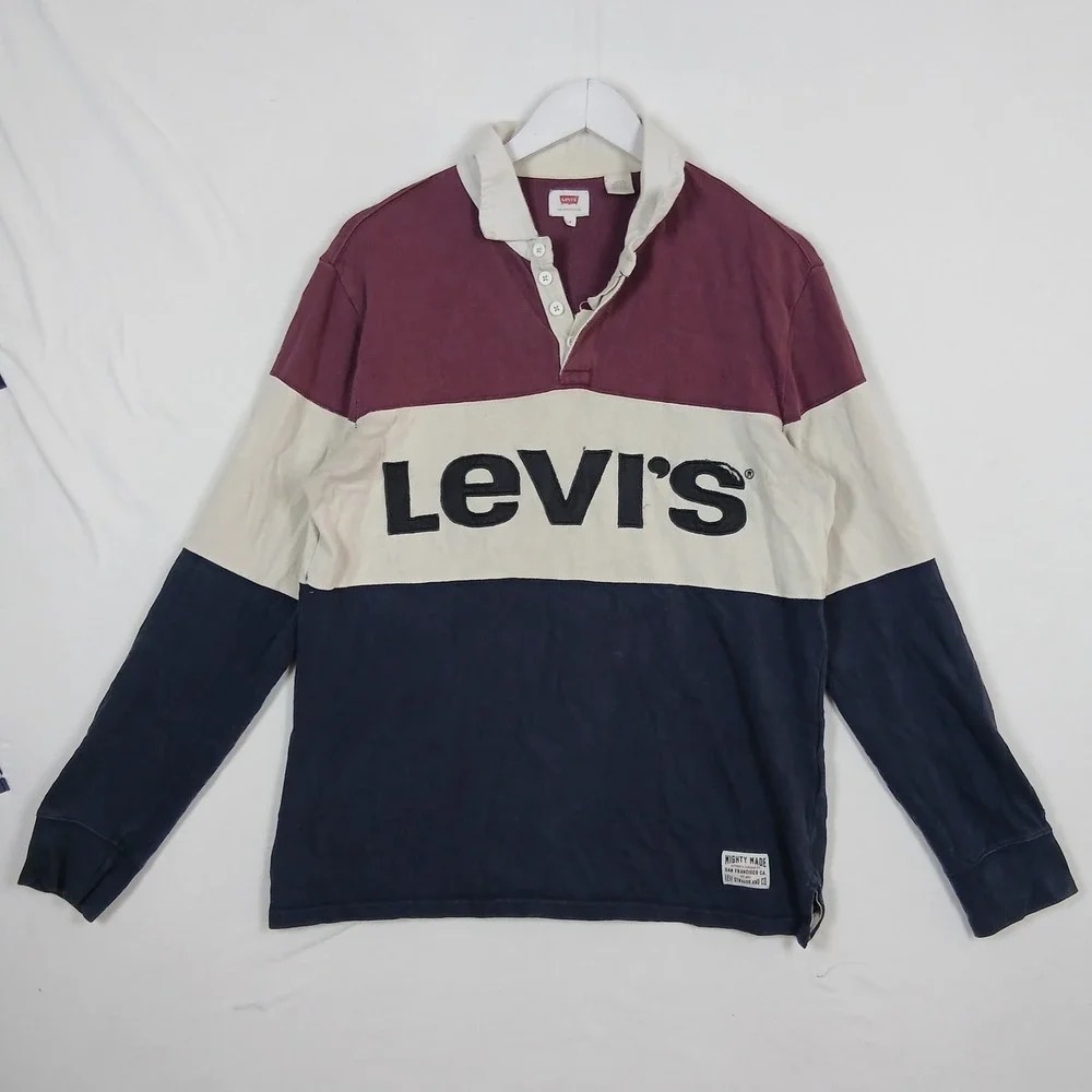 Levis Mens Colorblock Rugby Shirt Long Sleeve Logo Burgundy Navy Cream Size S